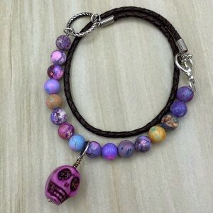 Beaded Leather Skull Wrap Bracelet Handmade Jewelry Silver Tone Gifts